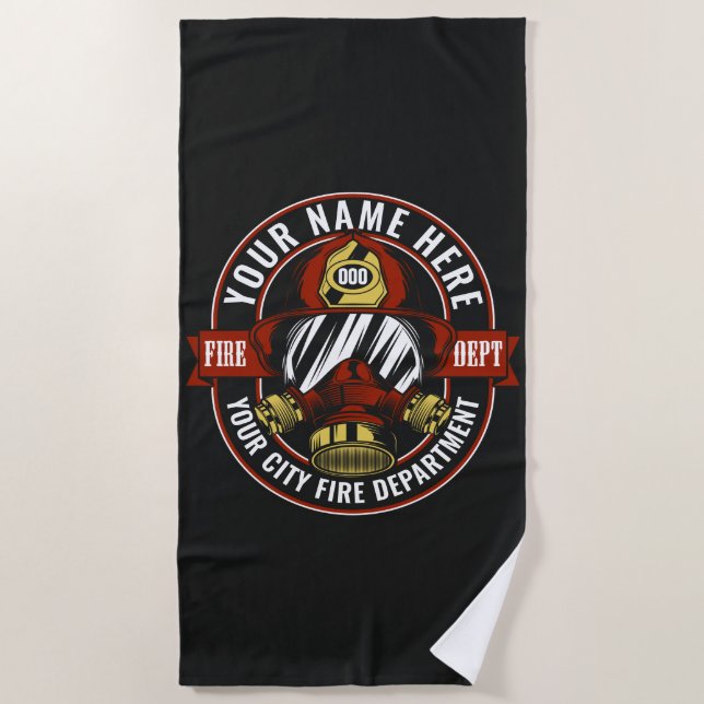 Customize NAME Firefighter Helmet Mask Fire Rescue Beach Towel (Front)