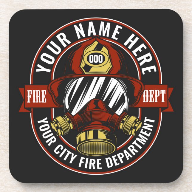 Customize NAME Firefighter Helmet Mask Fire Rescue Beverage Coaster (Front)