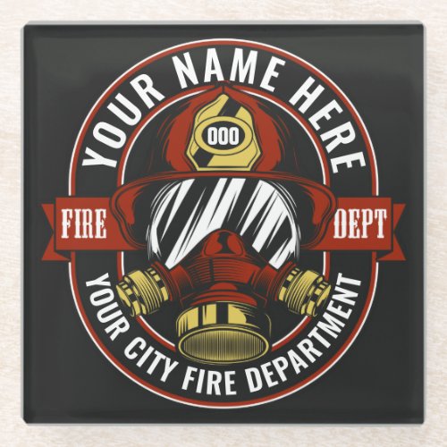 Customize NAME Firefighter Helmet Mask Fire Rescue Glass Coaster