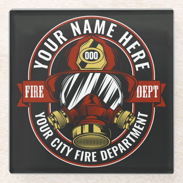 Customize NAME Firefighter Helmet Mask Fire Rescue Glass Coaster (Front)