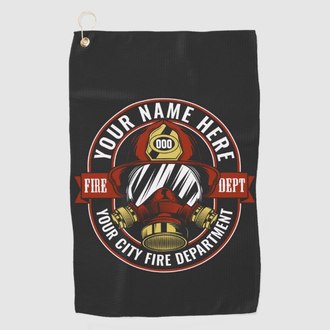 Customize NAME Firefighter Helmet Mask Fire Rescue Golf Towel (Front)