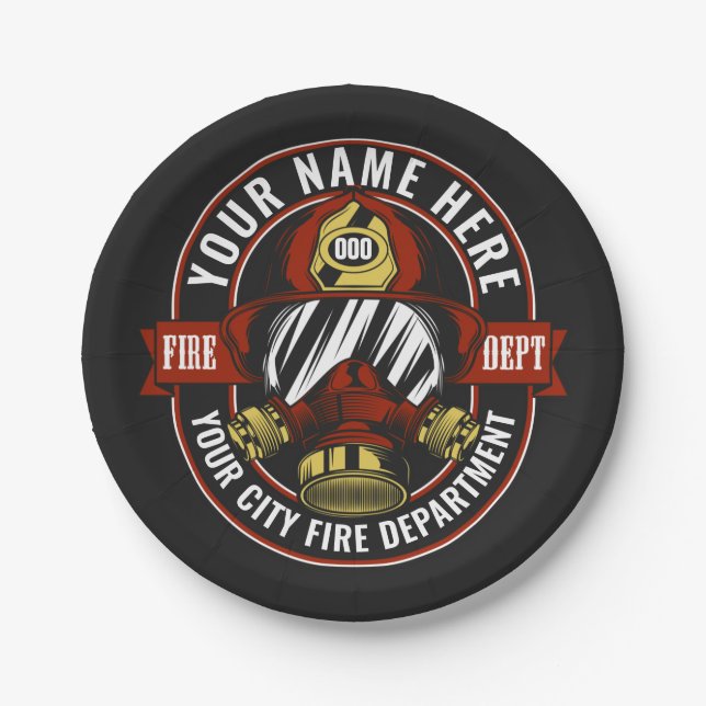 Customize NAME Firefighter Helmet Mask Fire Rescue Paper Plates (Front)