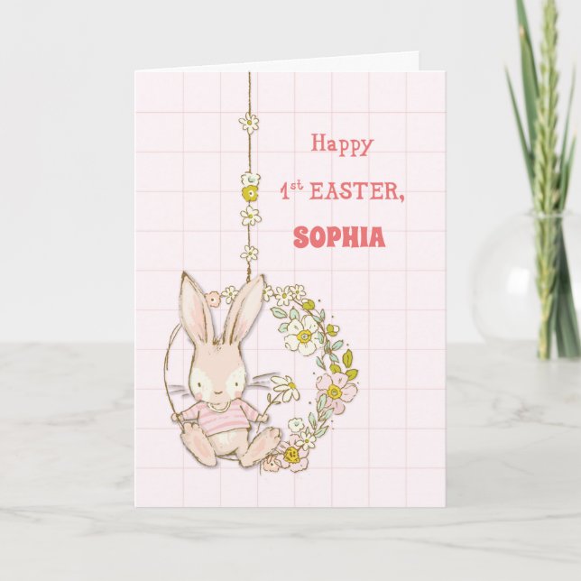 Customize Name First Easter Bunny on Flower Swing Card (Front)
