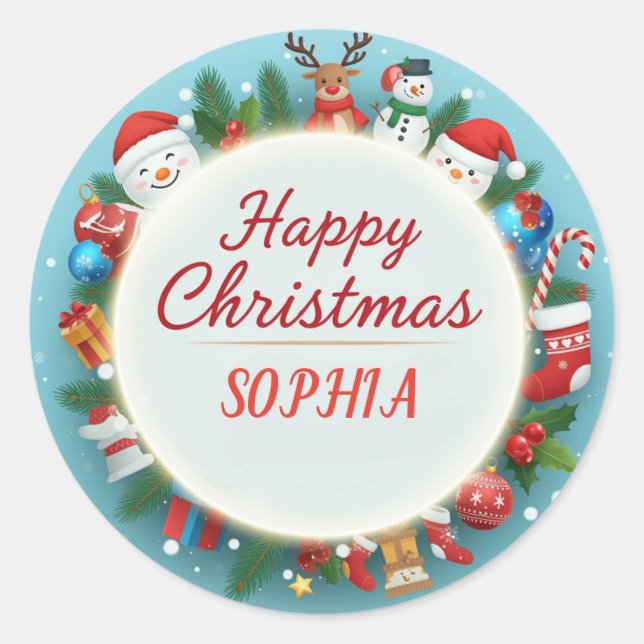 Customize Name for Happy Christmas  Classic Round Sticker (Front)