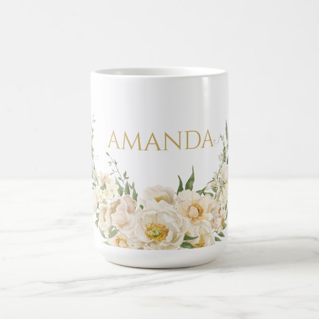 Customize Name Gold & White Flower Coffee Mug (Center)