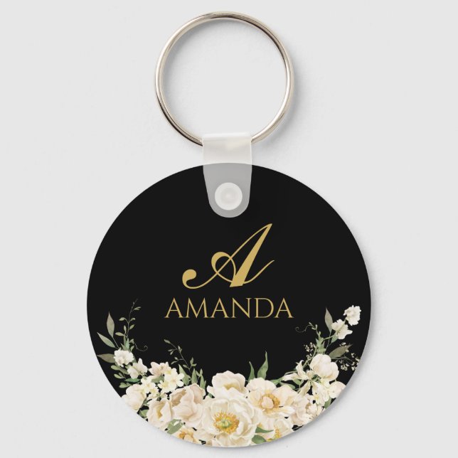 Customize Name Gold & White Flower Keychain (Front)