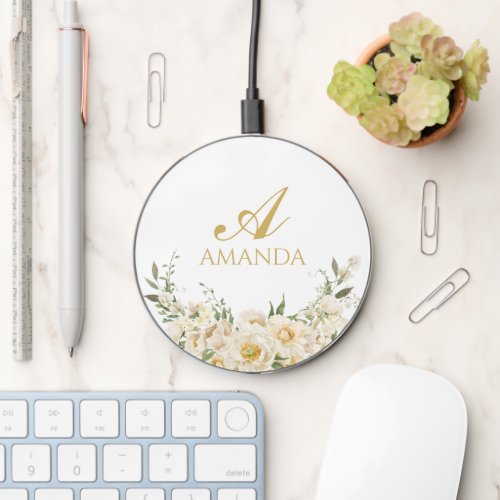 Customize Name Gold  White Flower Wireless Charger