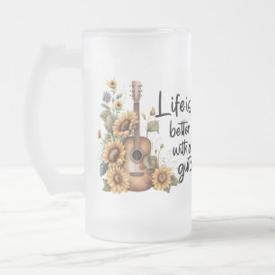Customize Name Guitar With Sunflower Frosted Glass Beer Mug