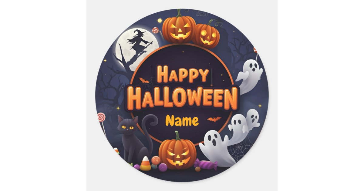 Customize Name Happy Halloween Classic Round Sticker | Zazzle