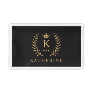Customize Name & Initial Black White Gold Monogram Acrylic Tray
