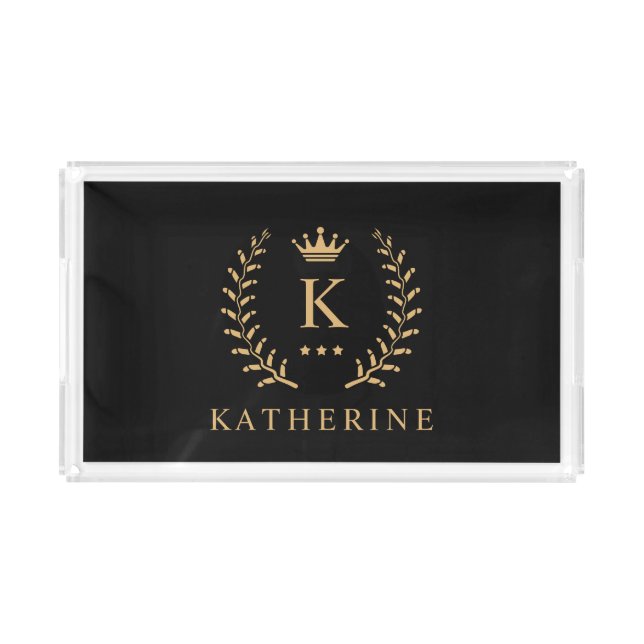 Customize Name & Initial Black White Gold Monogram Acrylic Tray (Front)