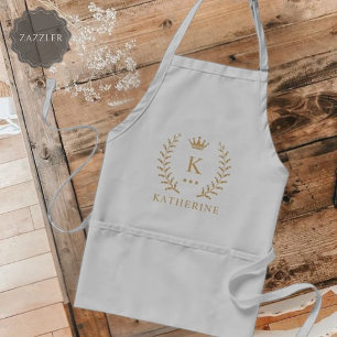 Customize Name & Initial Black White Gold Monogram Adult Apron