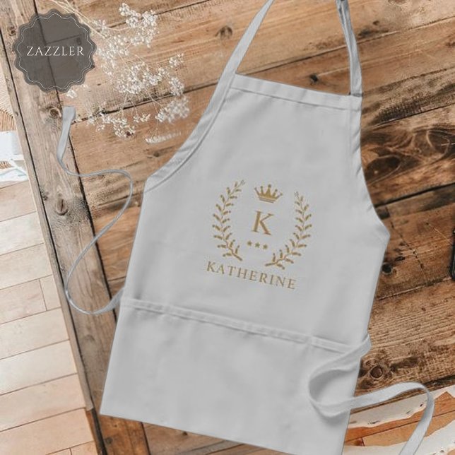 Customize Name & Initial Black White Gold Monogram Adult Apron (Customize Name & Initial Black White Gold Monogram Adult Apron)
