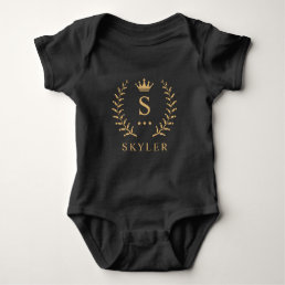 Customize Name &amp; Initial Black White Gold Monogram Baby Bodysuit