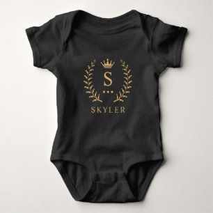 Customize Name & Initial Black White Gold Monogram Baby Bodysuit