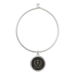 Customize Name &amp; Initial Black White Gold Monogram Bangle Bracelet