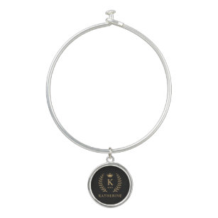 Customize Name & Initial Black White Gold Monogram Bangle Bracelet