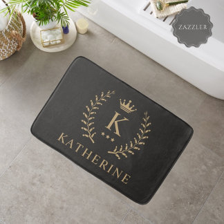 Customize Name & Initial Black White Gold Monogram Bath Mat