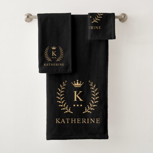 Customize Name  Initial Black White Gold Monogram Bath Towel Set