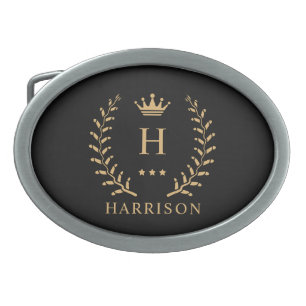 Customize Name & Initial Black White Gold Monogram Belt Buckle