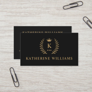 Customize Name & Initial Black White Gold Monogram Business Card