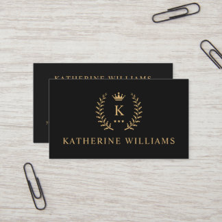 Customize Name & Initial Black White Gold Monogram Business Card