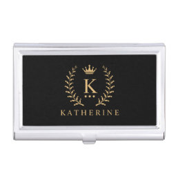 Customize Name &amp; Initial Black White Gold Monogram Business Card Case