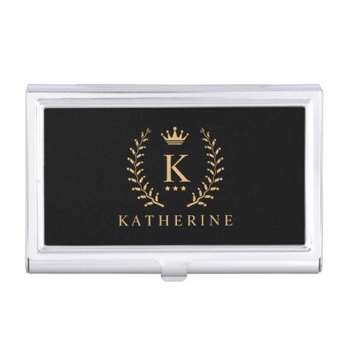 Customize Name  Initial Black White Gold Monogram Business Card Case