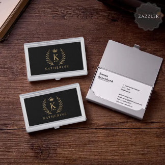 Customize Name & Initial Black White Gold Monogram Business Card Case