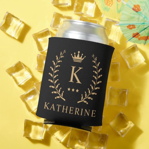 Customize Name  Initial Black White Gold Monogram Can Cooler