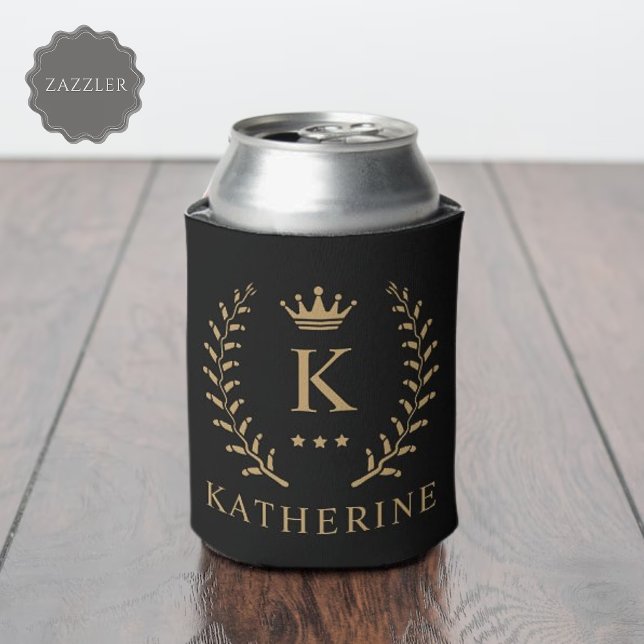 Customize Name & Initial Black White Gold Monogram Can Cooler (Customize Name & Initial Black White Gold Monogram Can Cooler)