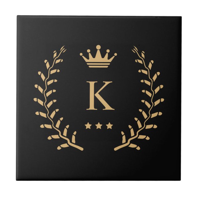 Customize Name & Initial Black White Gold Monogram Ceramic Tile (Front)