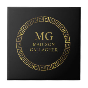 Customize Name & Initial Black White Gold Monogram Ceramic Tile