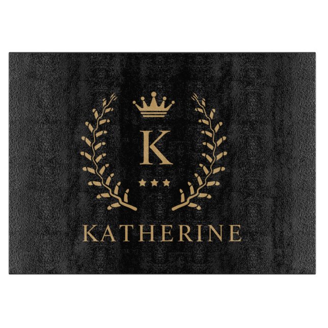 Customize Name & Initial Black White Gold Monogram Cutting Board (Front)