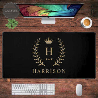 Customize Name & Initial Black White Gold Monogram Desk Mat
