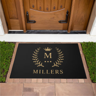 Customize Name & Initial Black White Gold Monogram Doormat