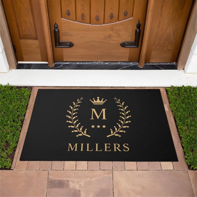 Customize Name & Initial Black White Gold Monogram Doormat (Outdoor)