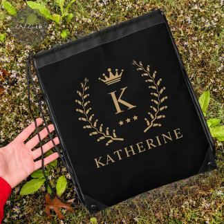 Customize Name & Initial Black White Gold Monogram Drawstring Bag