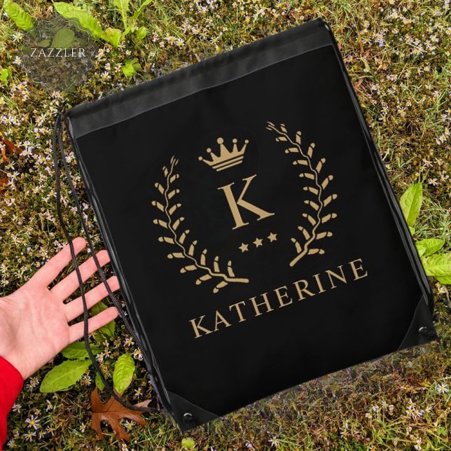 Customize Name & Initial Black White Gold Monogram Drawstring Bag (Customize Name & Initial Black White Gold Monogram Drawstring Bag)