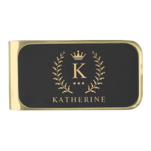 Customize Name & Initial Black White Gold Monogram Finish Money Clip