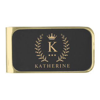 Customize Name & Initial Black White Gold Monogram Finish Money Clip