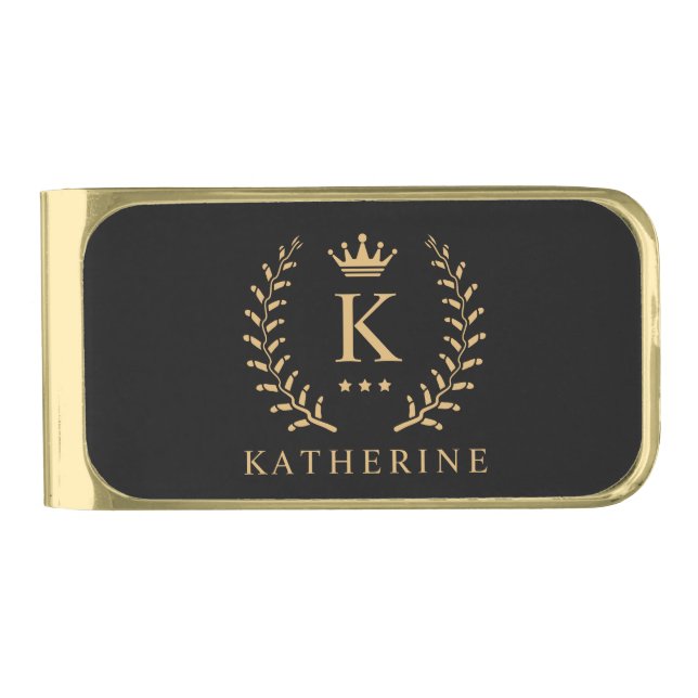 Customize Name & Initial Black White Gold Monogram Finish Money Clip (Front)