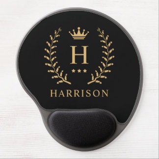 Customize Name & Initial Black White Gold Monogram Gel Mouse Pad