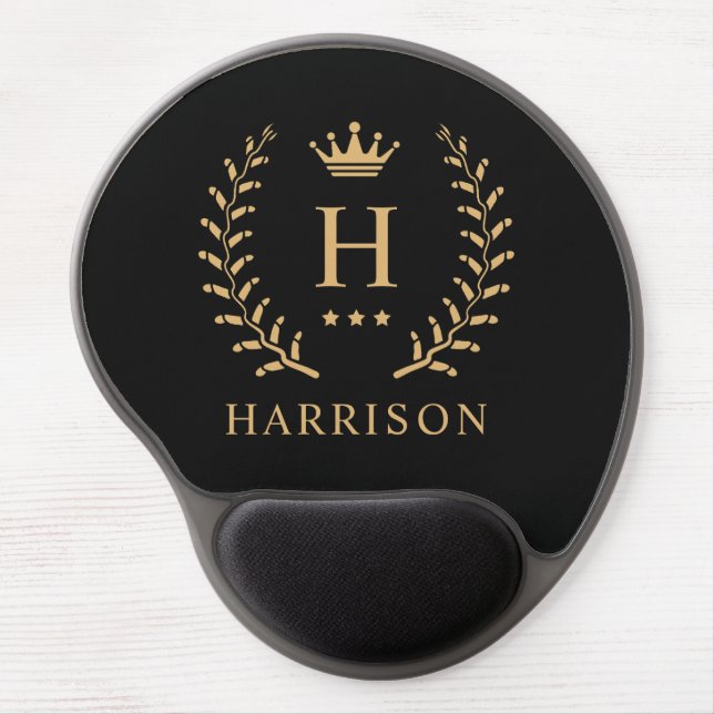 Customize Name & Initial Black White Gold Monogram Gel Mouse Pad (Front)