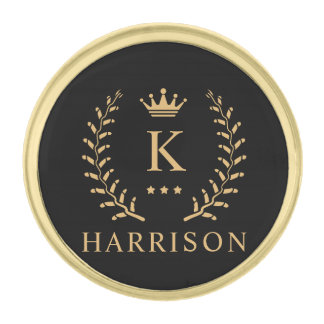 Customize Name & Initial Black White Gold Monogram Gold Finish Lapel Pin