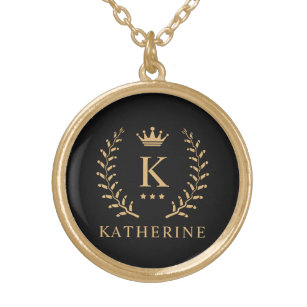 Customize Name & Initial Black White Gold Monogram Gold Plated Necklace