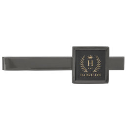 Customize Name &amp; Initial Black White Gold Monogram Gunmetal Finish Tie Bar