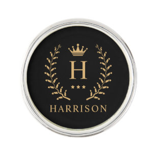 Customize Name & Initial Black White Gold Monogram Lapel Pin