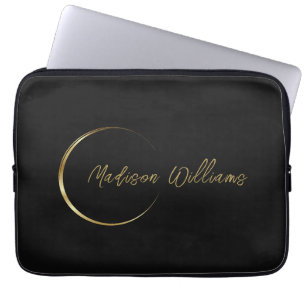 Customize Name & Initial Black White Gold Monogram Laptop Sleeve