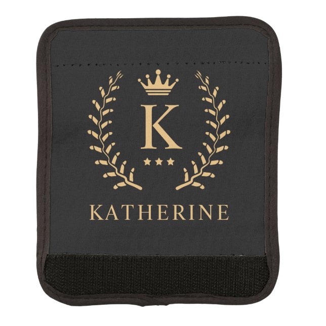 Customize Name & Initial Black White Gold Monogram Luggage Handle Wrap (Front)